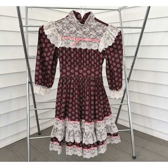Vtg Girls Dress Mini World Sz 8 Maroon Calico Prairie Ruffle Cottagecore Lace - Picture 2 of 12